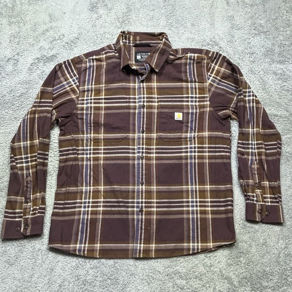 Carhartt Shirt Men L Brown Rugged Flex Hamilton Plaid Flannel Relaxed Fit